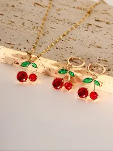Women's Cherry Necklace & Earrings Set, Jewelry Sets, Unique Fruit Theme, Copper Material, Elegant & Cute Design, Fashionable, Perfect for Daily Wear, Ideal Jewelry Gift