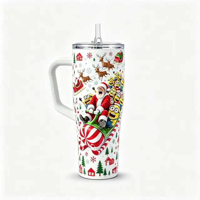 40oz Tumbler with Handle, Vacuum Insulated Stainless Steel Tumbler, Leak Proof Cup‑Holder Friendly Travel Cup, Cute Santa Minion Christmas Holiday Printed Design, Large Capacity, Ideal Gift for Women, Xmas & Birthday Present