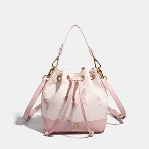Cute Butterfly Print Faux Leather Bucket Bag Drawstring Crossbody Purse