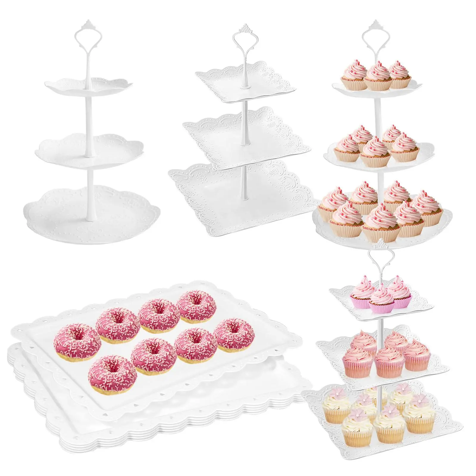 10Pcs/7Pcs White Plastic Dessert Table Stand Set 4Pcs 3-Tier Cupcake Display Stands 6Pcs Dessert Serving Trays or  2Pcs 3-Tier Plastic Cake Stands 1Pc Display Tower  4 packs of rectangle plastic serving tray Cake Display Tower for Party