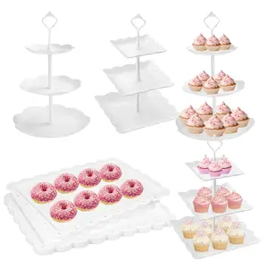 10Pcs White Plastic Dessert Table Stand Set 4Pcs 3-Tier Cupcake Display Stands 6Pcs Dessert Serving Trays Cake Display Tower for Party