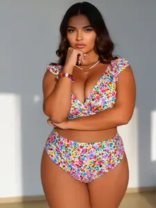 Women's Plus Size Bikini Set Ruffle Deep V-Neck High Waisted Ditsy Floral Two Piece Swimsuit