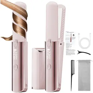 Cordless 2 in 1 Hair Straightener Portable On-The-Go Curling Iron, Portable Power Bank, 7 Temps, LED Display, Rechargeable Mini Flat Iron for Travel, 5000mAh Battery, Pink