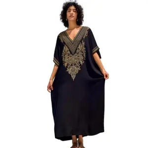 Women Ethnic Print Kaftan Dress Plus Size Swimsuit Cover Up,Mrs. Roper Kaftan, Swimsuit, bubu, mumu, Casual Womenswear Boho Caftan Baggy -Embroidered leaves