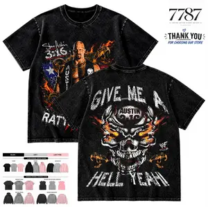 7787 Clothing Menswear Stone Cold Steve Austin Texas Rattlesnake Wrestling Graphic Washed T-Shirt Vintage Streetwear Casual Apparel