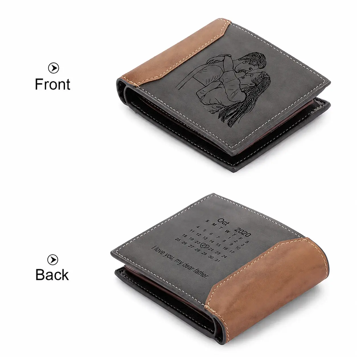 Personalized Photo Sketch Wallet, Custom Engraved PU Leather Wallet Gift for Men, Dad, Husband & Boyfriend