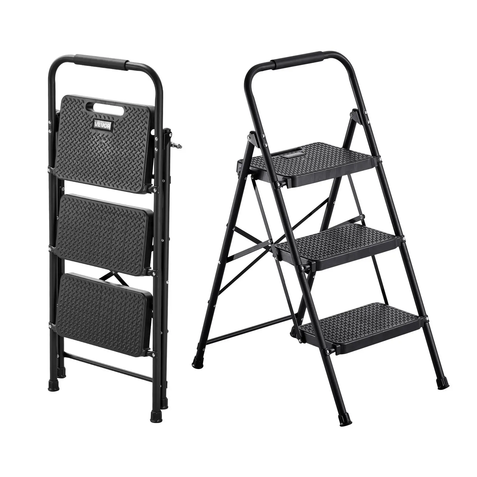 VEVOR 3 Step Ladder, Folding Step Stool with Wide Anti-Slip Pedal and Comfort Handgrip, Lightweight 600 lbs Capacity Portable Steel Ladder, Multi-Use for Kitchen, Home, Household and Office, Black#BackToSchool