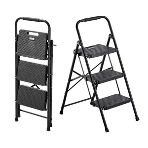 【FathersDayGift】VEVOR 3 Step Ladder, Folding Step Stool with Wide Anti-Slip Pedal and Comfort Handgrip, Lightweight 600 lbs Capacity Portable Steel Ladder, Multi-Use for Kitchen, Home, Household and Office, Black
