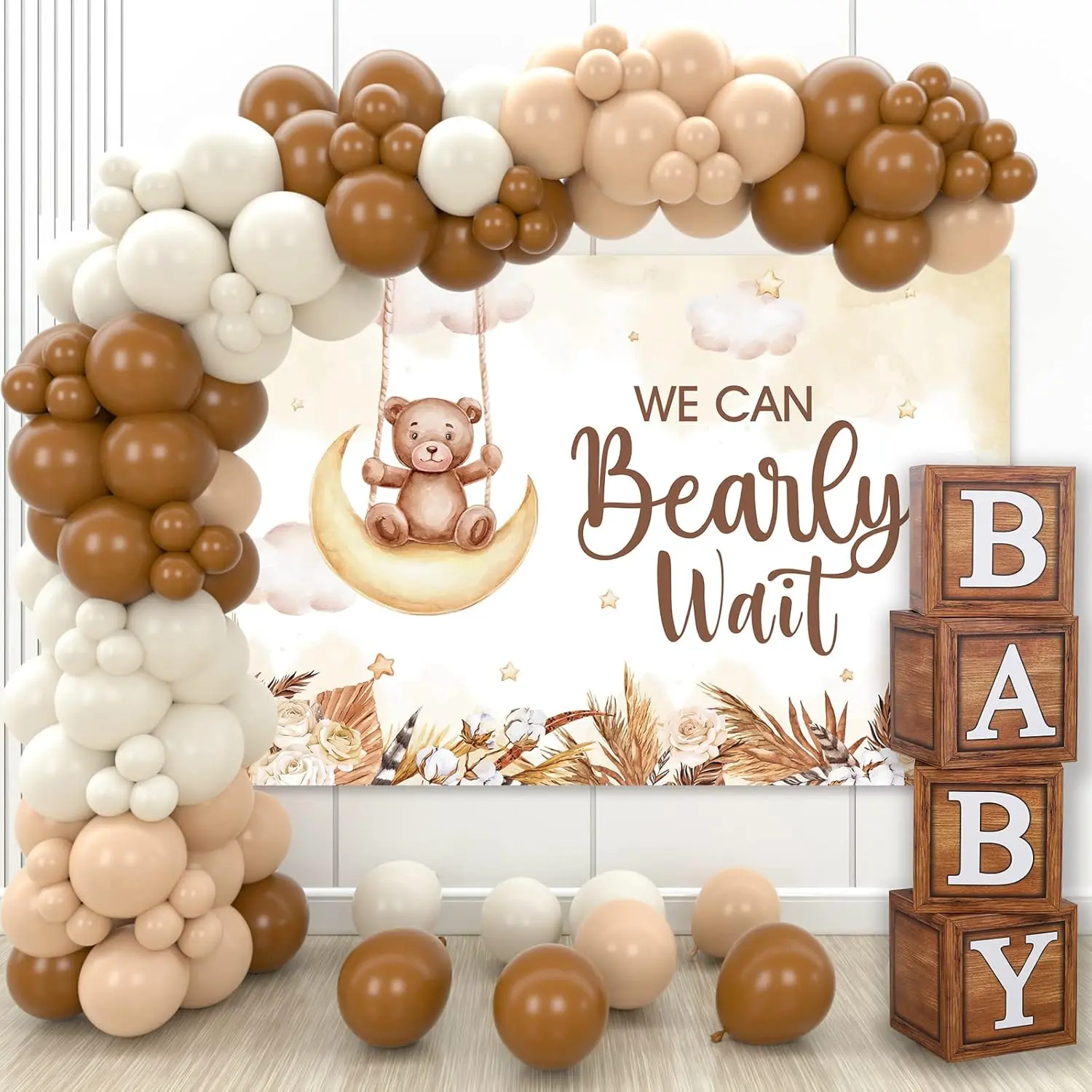 Boho Teddy Bear Baby Shower Decorations Kit - Foldable Eco-Friendly Paper & Wood Grain Letter Boxes, 90PCS Nude & Brown Balloons, "We Can Bearly Wait" Backdrop, DIY Easy Garland, Photo Props for Baby Shower, 90 Balloons