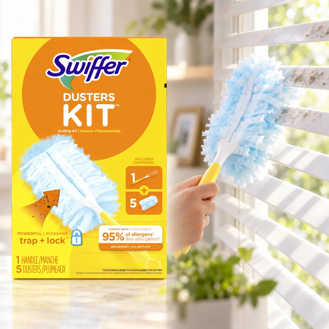 Swiffer Dusters Unscented Starter Kit 1 Handle 5 Refills,Trap + Lock,up to 95% allergen removal,coated fibers,dust,dirt,hair,pet dander,dust mites,nooks and crannies,fan blades,blinds,car dashboard,keyboard vents,bookcases,cleaner air,city dust,desk areas