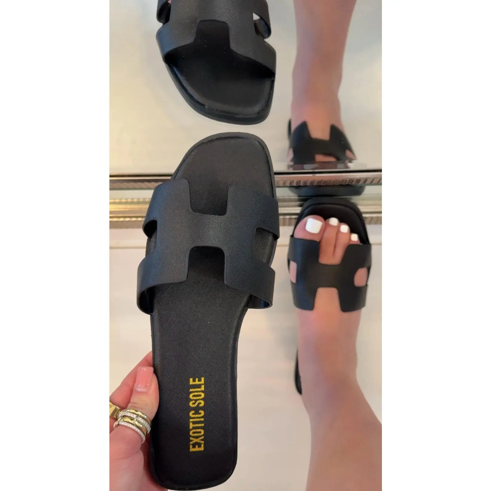 Natalie Slip On Flat Sandal - H Strap - Wide Fit - Open Square Toe Sandal - Comfortable Everyday Casual Sandal