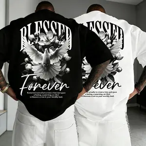 Street Style “BLESSED” white dove floral print short-sleeve T-shirt, oversized loose fit, black-and-white two-tone design, high-street retro feel, trendy and versatile, unisex—an everyday streetwear essential!