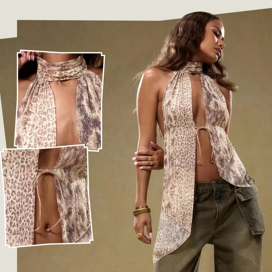 Women's Y2k Leopard Cheetah Halter Tops Tie Front Backless Tank Cami Chic Open Back Sleeveless Non-Stretch Fabric Top