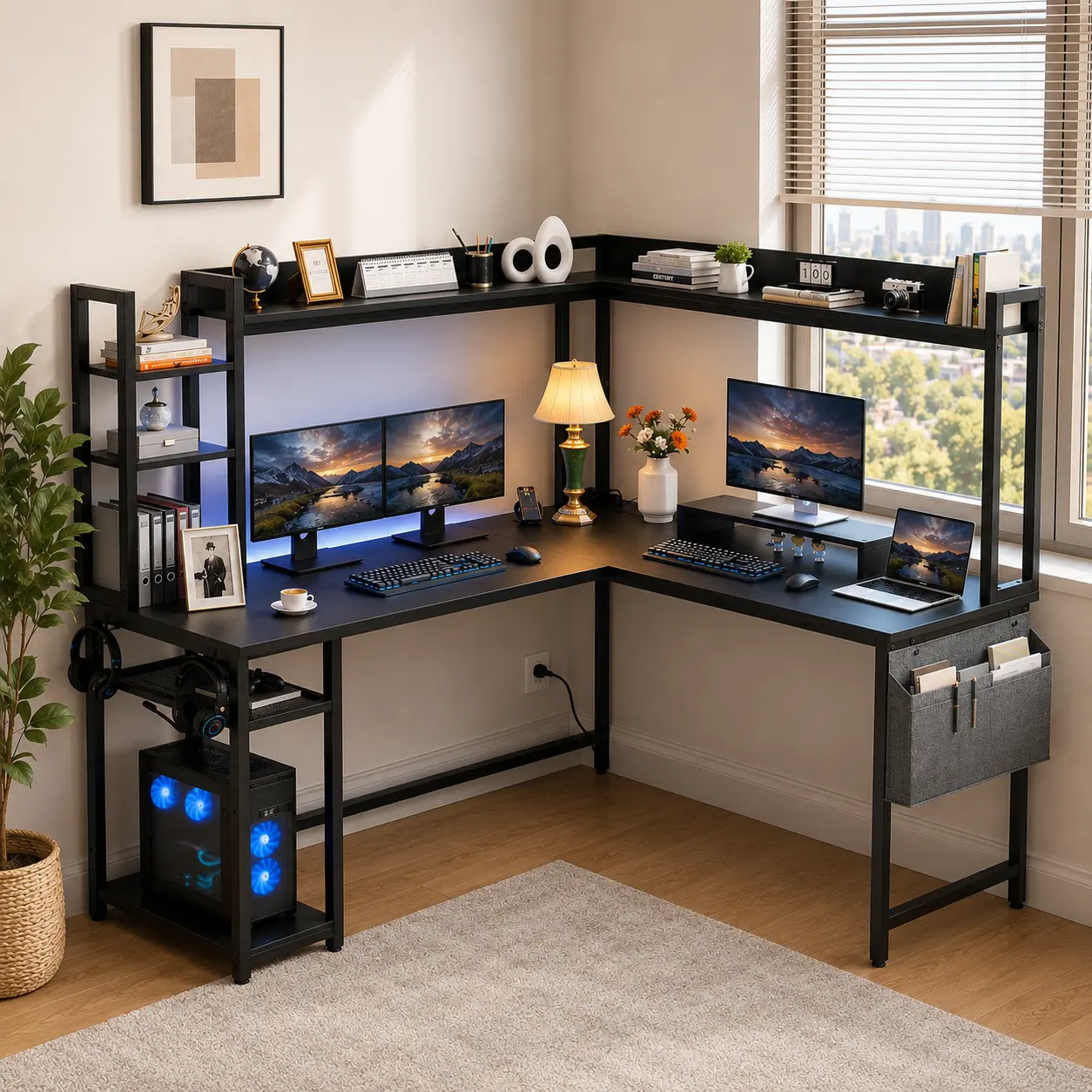 Aheaplus Reversible L-Shaped Gaming Desk with LED Lights & Hutch, Light Weight Corner Computer Desk with Power Outlets & Monitor Stand, Easy to Transport and Install