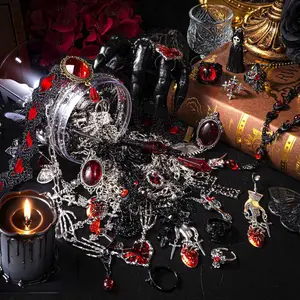 Rogue Gem Deep Red Zircon Ring - Lava Gothic Witch Mysterious Jewelry Set -30 carefully selected pieces, including rings, necklaces, earrings, Halloween gifts, mysterious accessories, vintage black women's rings