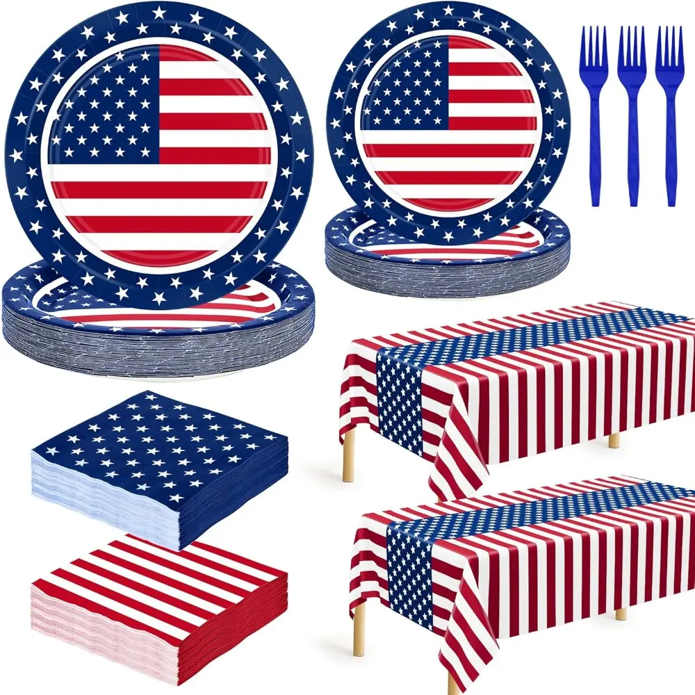 122 PCS Non-Toxic Patriotic American Flag Disposable Tableware & Decor Pack - 9" Dinner Plates, 7" Dessert Plates, Napkins, Tablecloth, Forks, Microwave-Safe for Independence Day, Memorial Day Parties