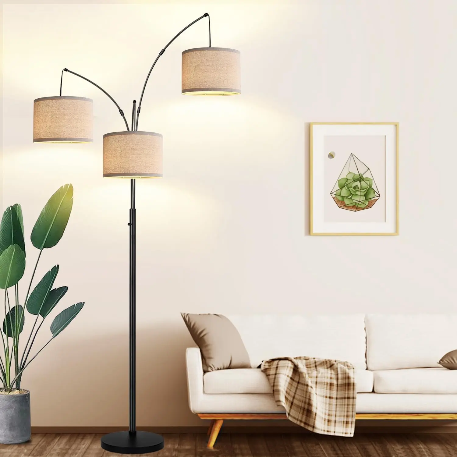 Hoodink Dimmable Floor Lamp - 3 Lights Arc Floor Lamps for Living Room, 1000LM Modern Tall Standing Lamp With Beige Shades & Heavy Base, Mid Century Tree Floor Lamp for Bedroom Office, 3 LED Bulbs Included