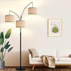 Hoodink Dimmable Floor Lamp - 3 Lights Arc Floor Lamps for Living Room, 1000LM Modern Tall Standing Lamp With Beige Shades & Heavy Base, Mid Century Tree Floor Lamp for Bedroom Office, 3 LED Bulbs Included