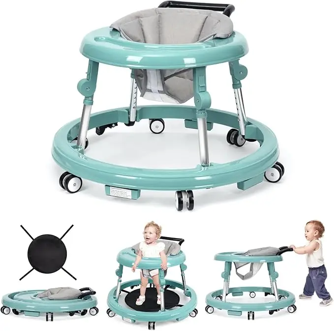 Baby Walker Foldable with 9 Adjustable Heights, 6-12 Months Baby Walkers, with Wheels Portable Anti-Rollover