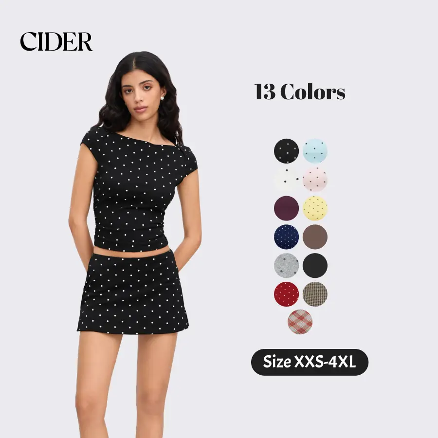 Cider Cotton-blend Boat Neck Polka Dot Ruched Tee & Mini Skort SohoChic