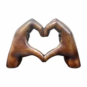 Valentine's day gift ,Heart Gesture Hand Sculpture Decor, Brown Aesthetic Small Ornaments for Office, Bookshelf & Console Table, Unique Love Hand Statue for Women, Minimalist Housewarming Gift & Neutral Room Aesthetics Hand-Carved Wood Heart