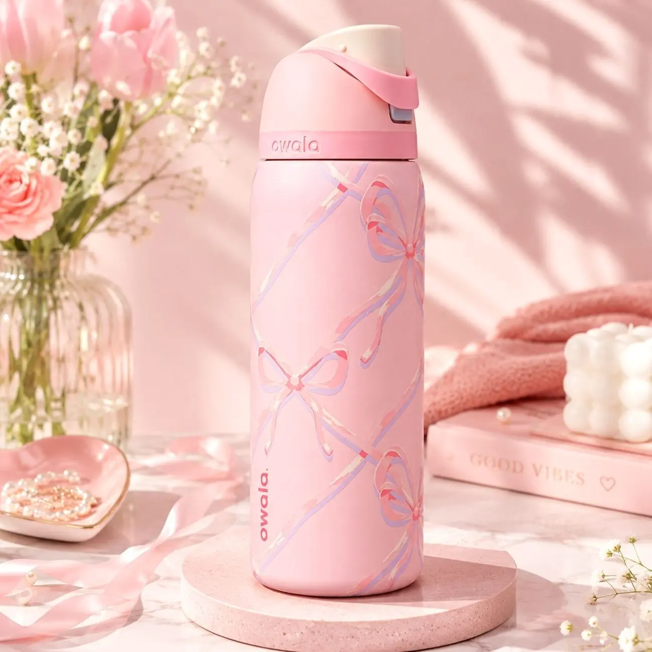 Owala Bow Water Bottle 24 Oz FreeSip Insulated Tumbler – Pink Ribbon Aesthetic Stainless Steel Leakproof Bottle – Cute Coquette Drinkware for School, Travel & Gym