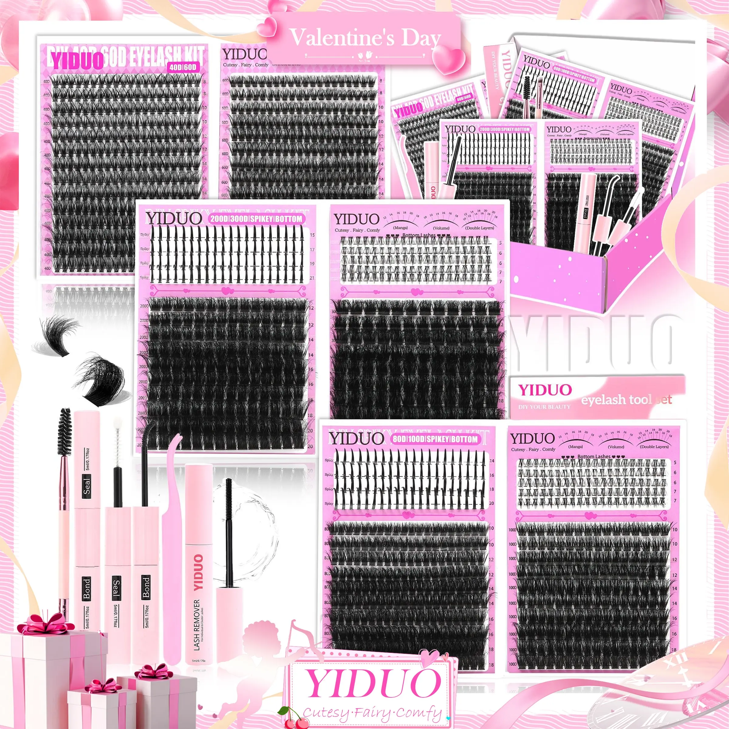 YIDUO 8 Styles DIY Volume Lash Clusters Eyelash Gift Kit, Eyelash Extensions Set 40D/60D/80D/100D 1440Pcs With Lash Bond and Seal, Lash Remover, Lash Tweezers, Eyelash Brush Cosmetic Lash Extensions, Voluminous False Eyelashes, Cluster False Eyelashes