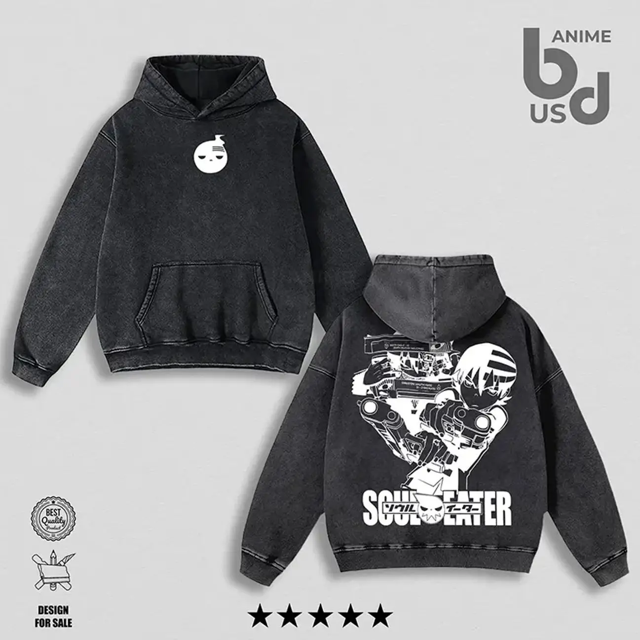 Death the Kid x Soul Eater Washed Hoodie Oversize Unisex, Double Printed Streetwear Anime Merch Gift For Fan PFI
