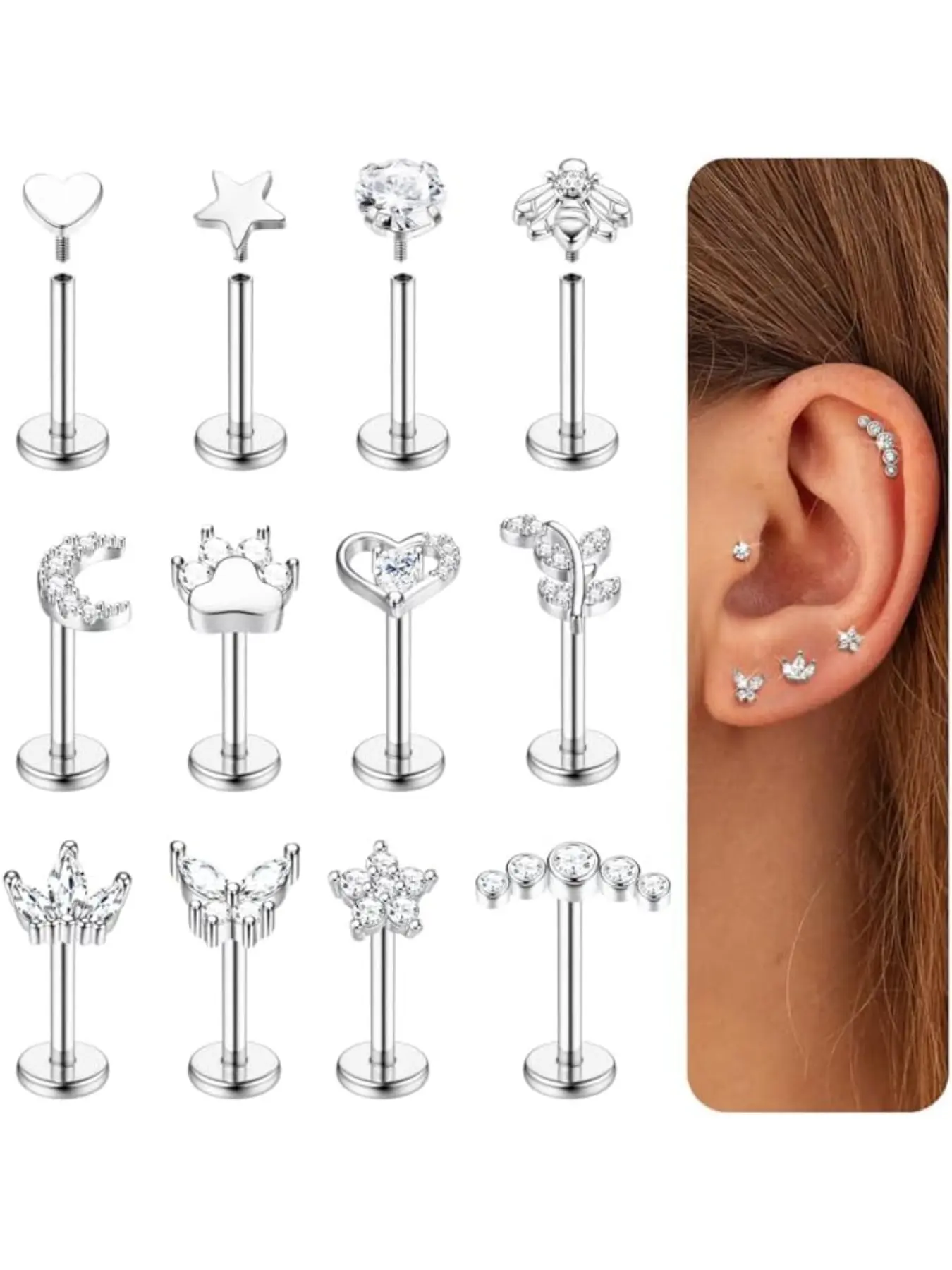 16g 18g Tragus Earrings for Women, Flat Back Hypoallergenic Surgical Stainless Steel, Cartilage Daith Conch Helix Medusa Nose Piercing Jewelry, Body Jewelry, Helix Pierced Ring