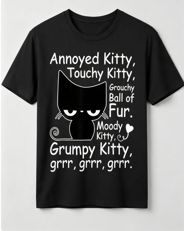 Loose-fit men's T-shirt printed with an angry cat pattern | Breathable crew neck, short sleeves, casual T-shirt suitable for all seasons with humorous lettering design