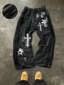 Men's Casual Cotton Sport Pants, Cross and Pattern Print, Street Style, Drawstring Waist, Ankle Length, Ideal for Outdoor and Holidays