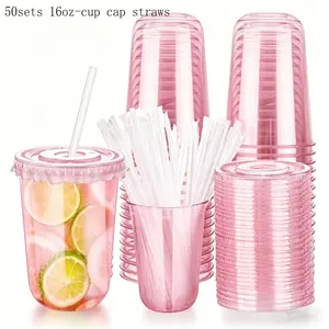 50-Pack 16oz Disposable Drink Cups, Pet Material, Leak-Proof with Lid and Straw, Transparent Plastic Party Cups for Events