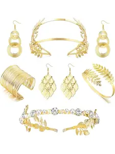 6 Pcs Greek Goddess Costume Accessories Set for Women Golden Laurel Leaf Crown Headband Leaf Dangle Earring Coil Upper Armband Bracelet Toga Costume Jewelry
