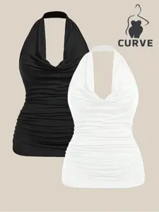 Plus Size Women's Summer Plain Crinkle Drop Shoulder Halter Top, Casual Loose Fit Sleeveless Blouse, Elegant Ladies Fashion Clothing