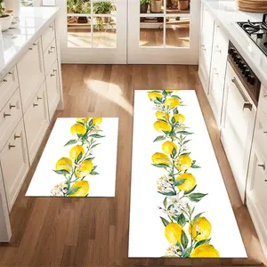2Pcs Summer Lemon Floor Mat Set White Background Lemon Leaf Printed Carpet Farmhouse Anti Fatigue Kitchen Carpet Non Slip Washable Winter Kitchen Restaurant Floor Laundry Room Decoration Carpet Mat