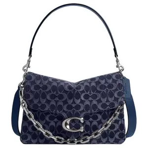 COACH Tabby 30 Crossbody Handbag for Women, Denim Style with Detachable Silver Logo Strap, Black