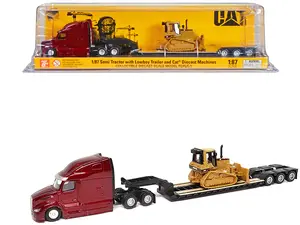 Peterbilt 579 UltraLoft Tandem Tractor Red Met w/Trailer and CAT D5M Dozer Yellow 1/87 (HO) Diecast Model made by Diecast Masters