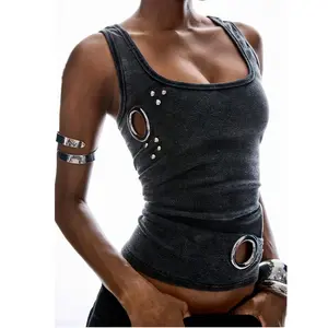 New Summer Y2K Fashion Eyelet Slim-Fit Tank Top for Women 95% Polyester 5% Elastane Solid Color Sleeveless Square Neck Micro Elasticity- Fabric, Womenswear low cut air Longline Strappy Gym weighted vests wear crop