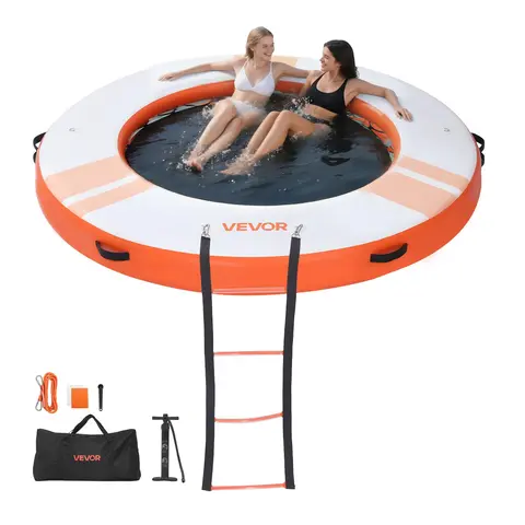 VEVOR 8 FT Inflatable Floating Dock Platform Pool Float Lounge, HR Lock Valve, Brushed Surface Foot Grips, Hot-Melt Seams, Detachable Ladder, Foldable with Carry Bag, Stable 6in Support, 6" Thick PVC Fabric, Mesh Lounging Pool for Beach Ocean Fun#SohoChic