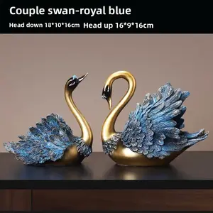 Royal Blue Couple Swan Ornaments for Living Room Wine Cabinet TV Cabinet Home Decor 18x10x16cm & 16x9x16cm
