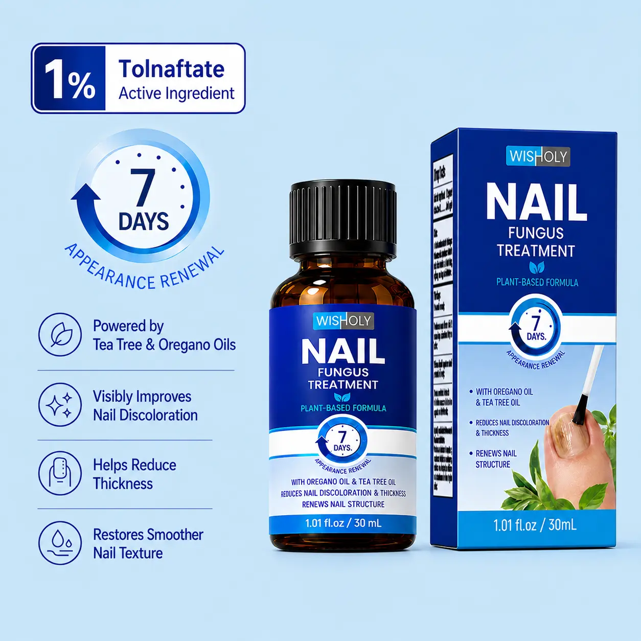 Wisholy 1% Tolnaftate Plant-Based Nail Solution, Gentle Care for Thick & Brittle Nails, 1.01 Fl Oz - Hongos en las uñas