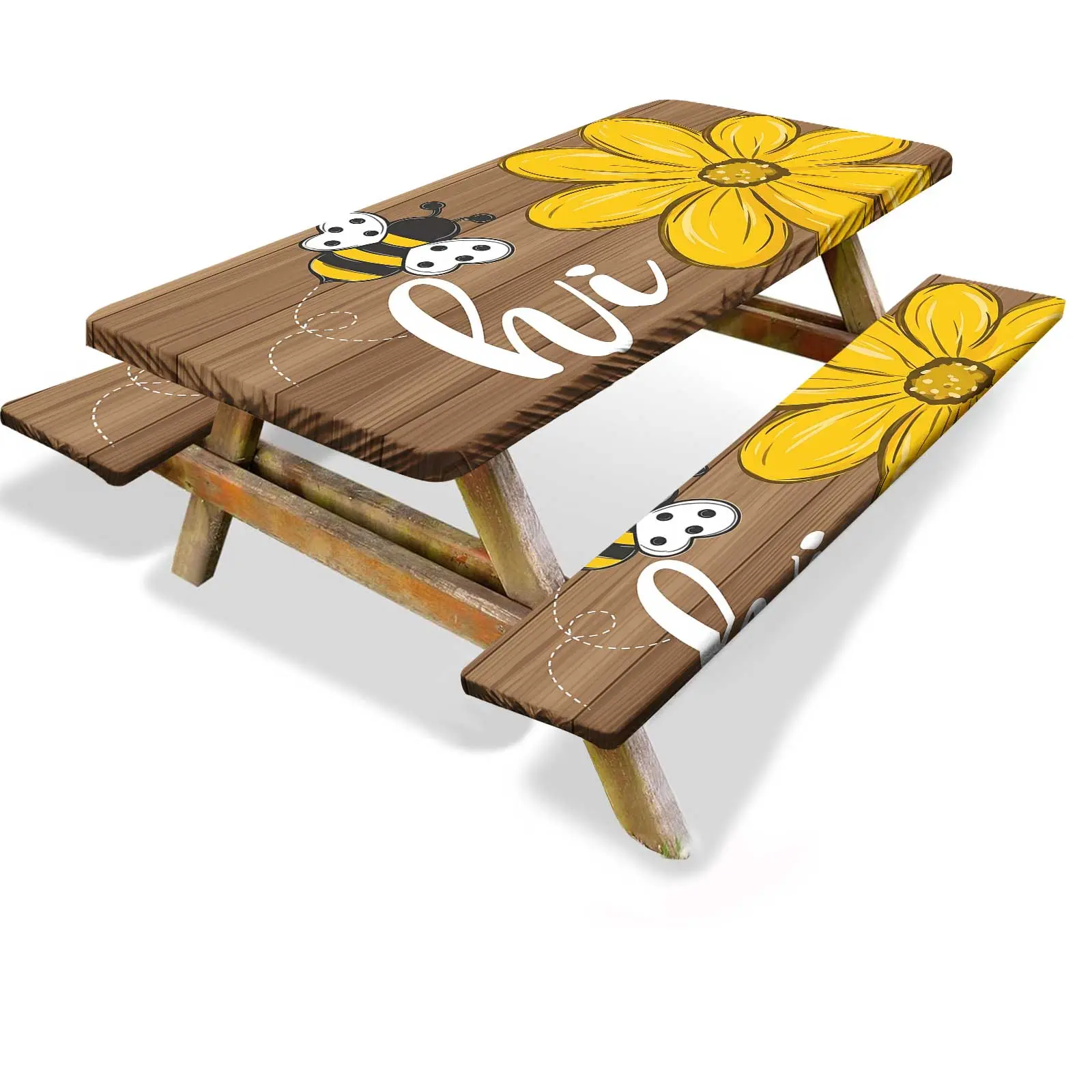 Treeswift 3 Piece 6ft Fitted Picnic Table and Bench Cover Set, Rustic Wood Bumble Bee & Sunflower Outdoor Tablecloth with Elastic Edges for Camping RV Park Patio Backyard BBQ