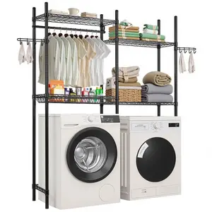 VEVOR Over Washer and Dryer Storage Shelves, 4 Tiers Laundry Room Drying Rack with Hanger Rod and Hooks, Two Rows Adjustable Washer Shelves Space Saver, for Laundry Room Storage Organization, WhiteVEVOR Super Brand Day