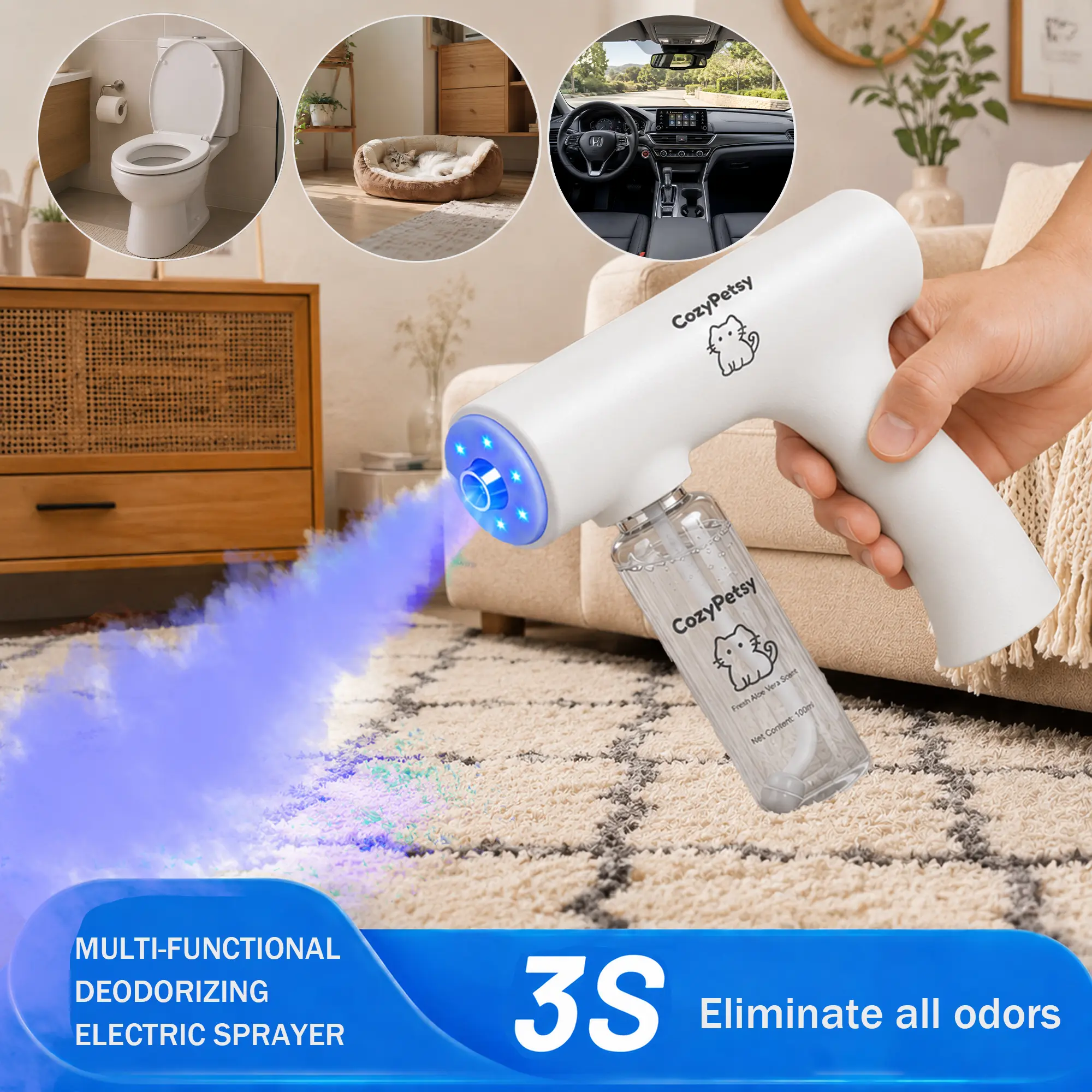 Blue Light Odor Eliminator Spray Gun Kit, Multi-Purpose Deodorizing Spray for Smoke, Toilet Odor, Pet Odor and Urine Odor, Helps Break Down Pet Urine, Bio-Enzyme Formula, Pet Friendly, Safe if Licked Cleaner,dorm essentials,home essentials