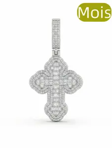 Space ice MOIS 40mm Baguette Cross Pendant Necklace, 17g Solid Metal Moissanite Charm, Religious Iced Out Cross Jewelry for Men Women