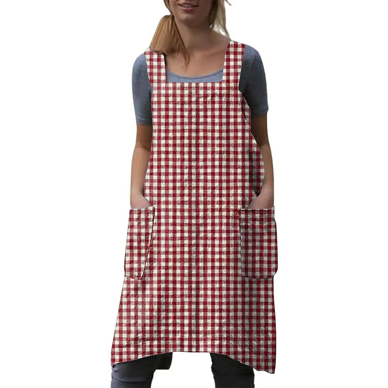 Gingham Cotton Apron for Women, Casual Minimalist Cross Back Pinafore with 2 Large Pockets, Breathable All Seasons Workwear for Cooking, Garden, Drawstring, Pinafore Apron, With Pocket, Letters, Basic, Gardening, Cooking & Crafts