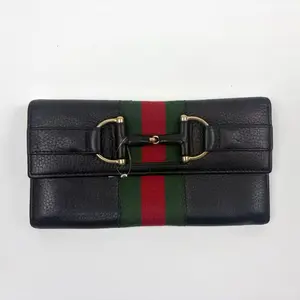 Pre-owned GUCCI leather Clutches & Wristlets Wallet with Iconic Webbing and Gold Hardware
