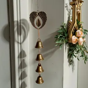 Vintage Angel Wings Wind Chime with 4 Brass Bells, Rustic Home Decor for Door & Wall