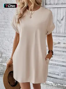 Women's Plain Pocket Batwing Sleeve Dress, Casual Minimalist Round Neck Roll Up Sleeve Dress for Summer, Casual Elegance Chic Fashion Women's Dress