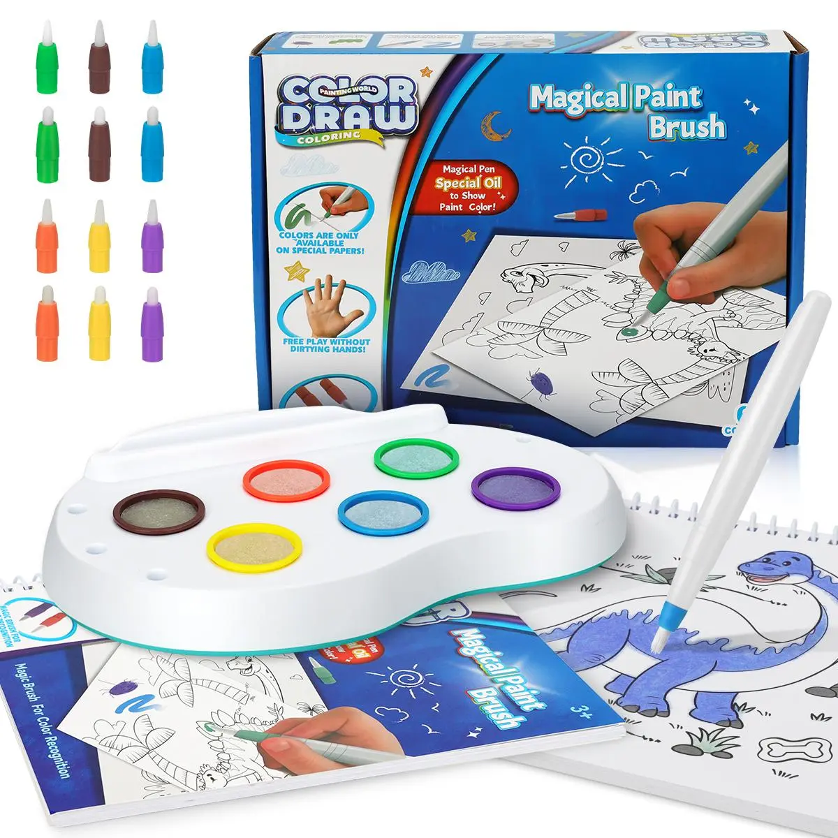 Magical Mess-Free Coloring Set for Kids 3+, Color Draw Magic Paint Brush with Dinosaur Themed Book, No-Stain Art Kit